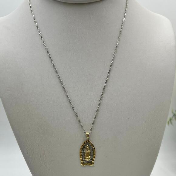 N 925 Sterling Silver Vermeil Our Lady of Guadalupe Pendant and Singapore chain.